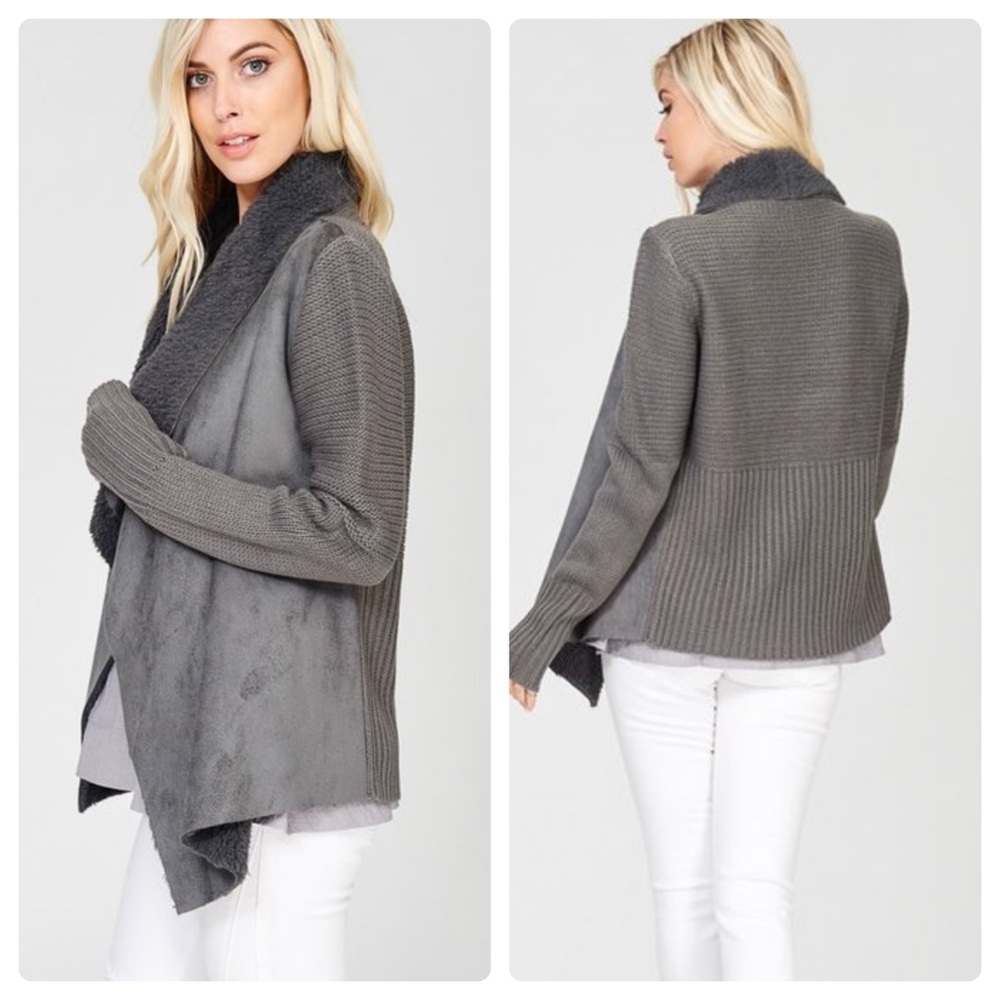 Suede and Sherpa Draped Open Cardigan